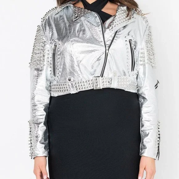 PLUS AZALEA WANG SILVER STUDDED OUT CROP MOTO - Picture 6 of 9